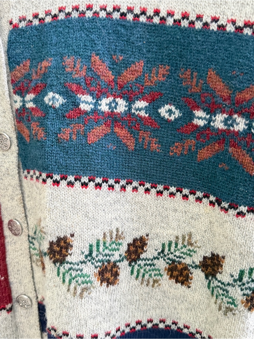 Vintage Woolrich Sweater Women XL Gray Wool Cardigan Fair Isle Deer Mountain 90s - Picture 11 of 13